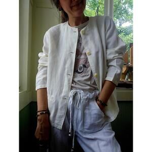 Vintage Linen Jacket: Ivory White Buttoned Lightweight Minimalist